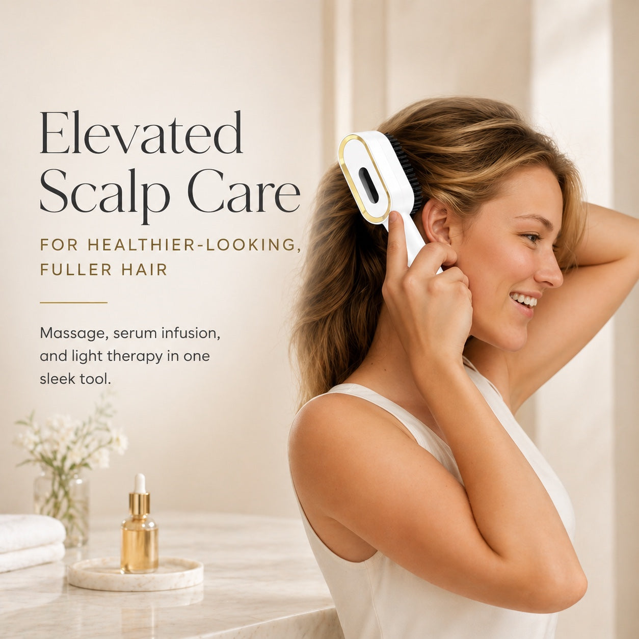 Woman using AureaScalp scalp care brush