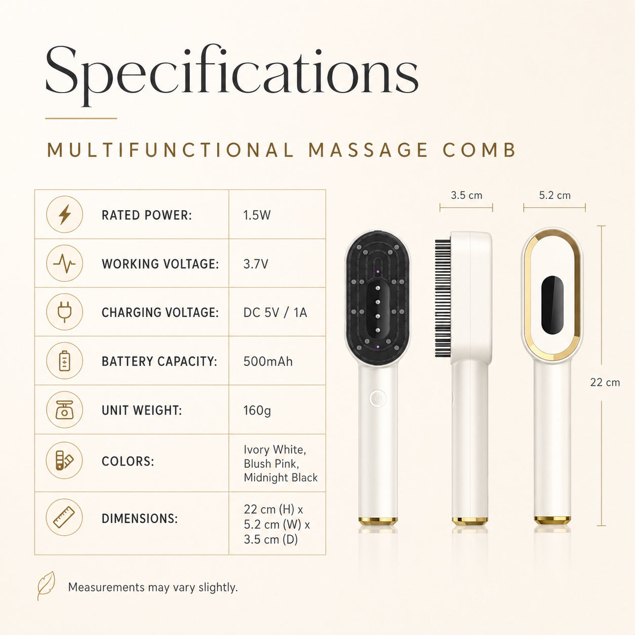 Specifications for the massage comb